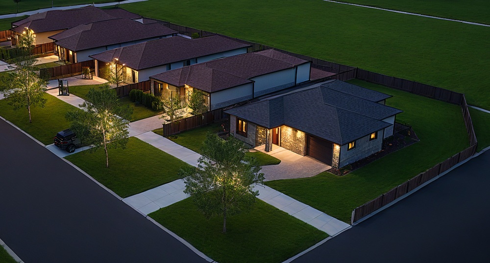 A project render, showing and eagle-eye view 5 of the completed houses in an evening setting, with porch lights on and fencing dividing the properties.