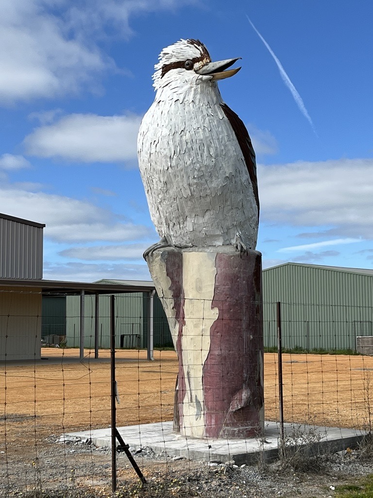 A large kookaburra statue at the front of the new factory