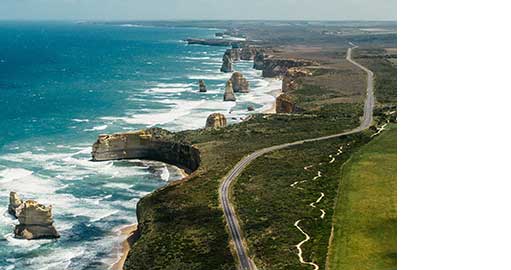 Aerial view of the Twelve Apostles and the Great Ocean Road