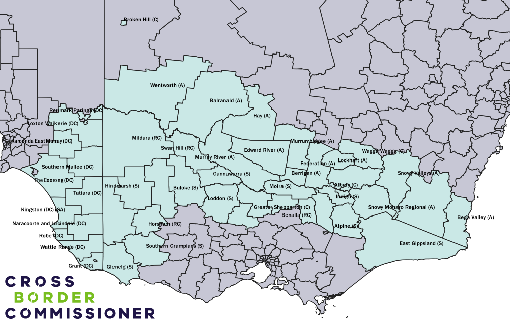 Map demonstrating the Local Government Areas in Victoria, New South Wales and South Australia at the border region