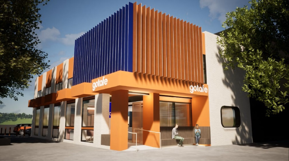 Artists impression of the GO TAFE building with vibrant coloured accents on a two story building with tall windows across the front of the building