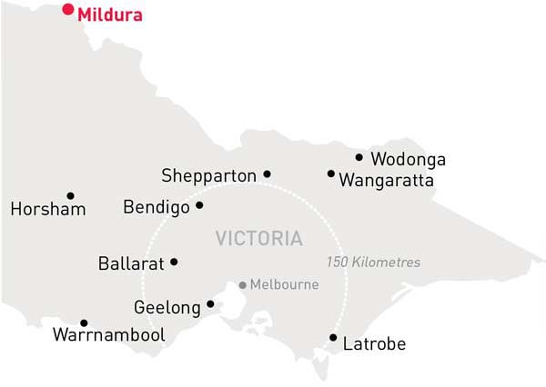 Map of Victoria highlighting Mildura
