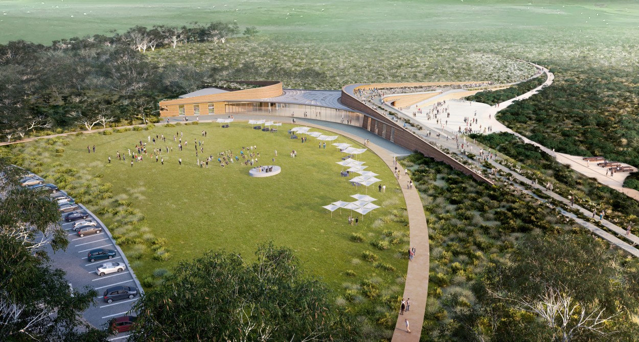 Artist impression of the Twelve Apostles Visitor Experience Centre, aerial view