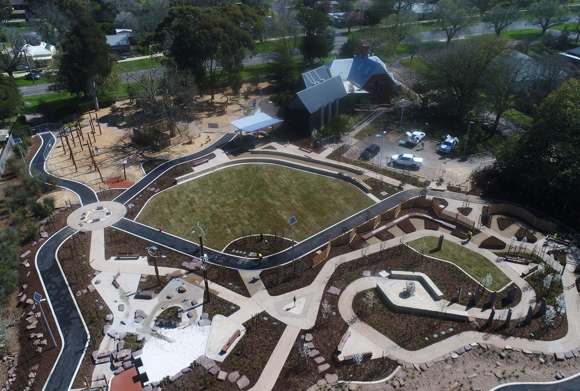 Aerial image of the new ecotherapy park including pathways, gardens and seating