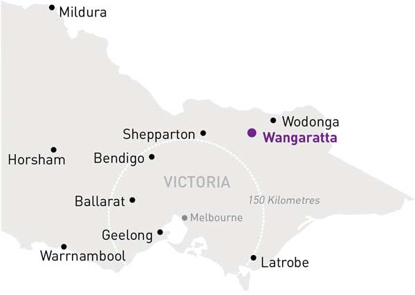 Map of Victoria highlighting Wangaratta