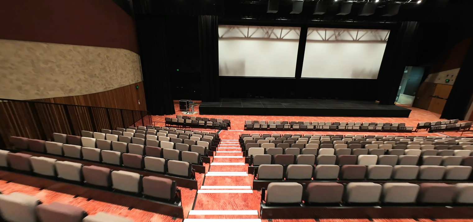 A picture of a theatre space with rows of seats and projector screens