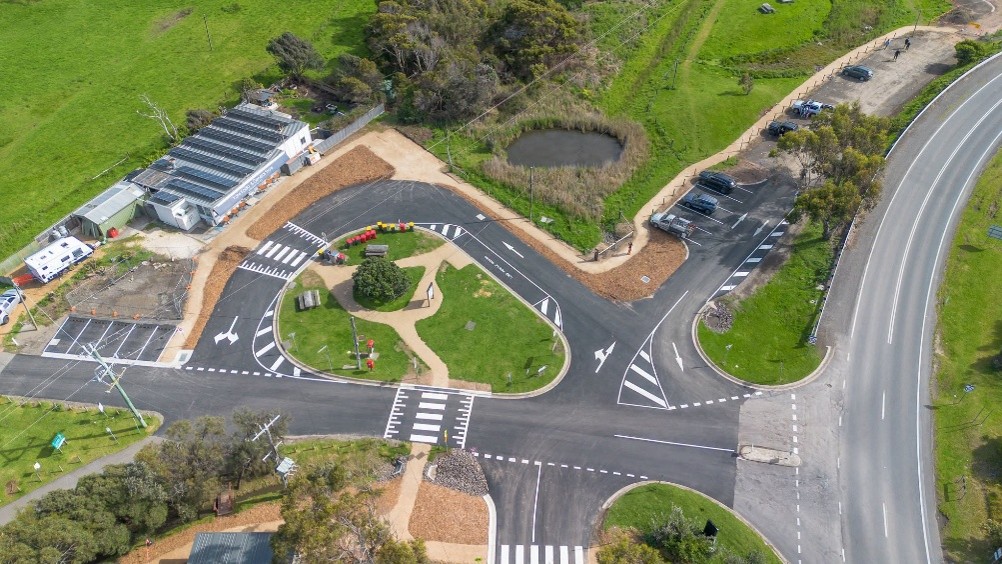 An overhead view of the updated precinct, roads and parking.