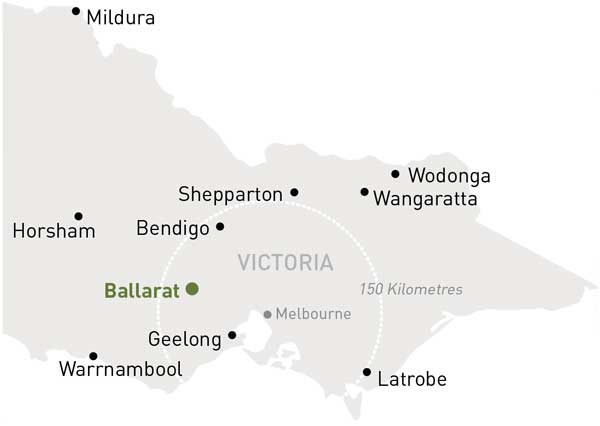 Map of Victoria highlighting Ballarat