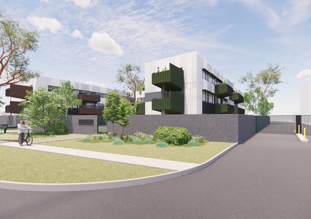 Artist render of external view of new apartments for healthcare workers featuring trees and landscaping