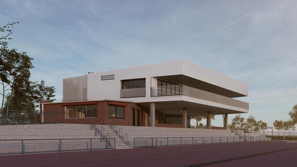 Render of the Landy Field Pavilion. Photo credit Bickerton Masters A render of a two-storey pavilion at an athletics track