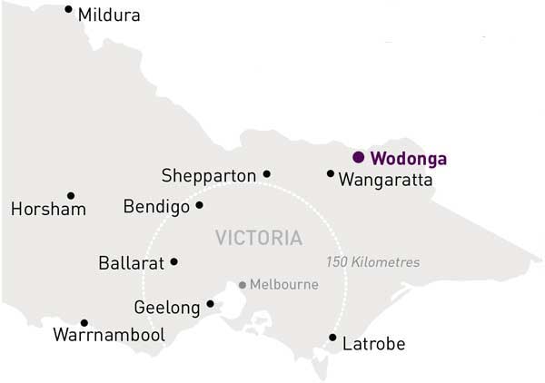 Map of Victoria highlighting Wodonga