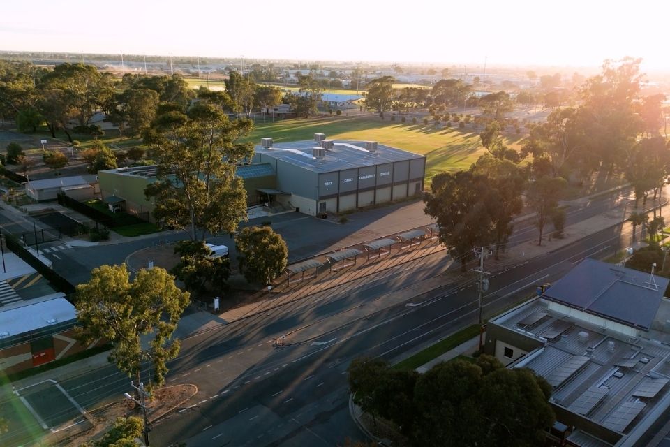 Aerial view of Shepparton's VISY Stadium, with the Shepparton Sports City visible in the foreground and background