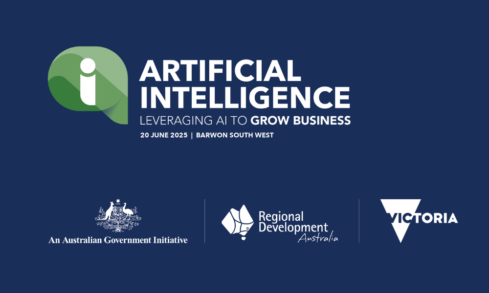 Branded web banner for artificial intelligence forum in Torquay on 20 June 2025 with logos for Australian Government, Victorian Government and Regional Development Australia. 