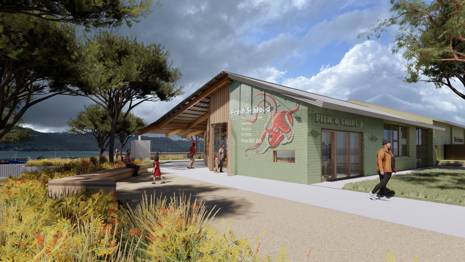 A rendered image showing a new building with fish and chips available 