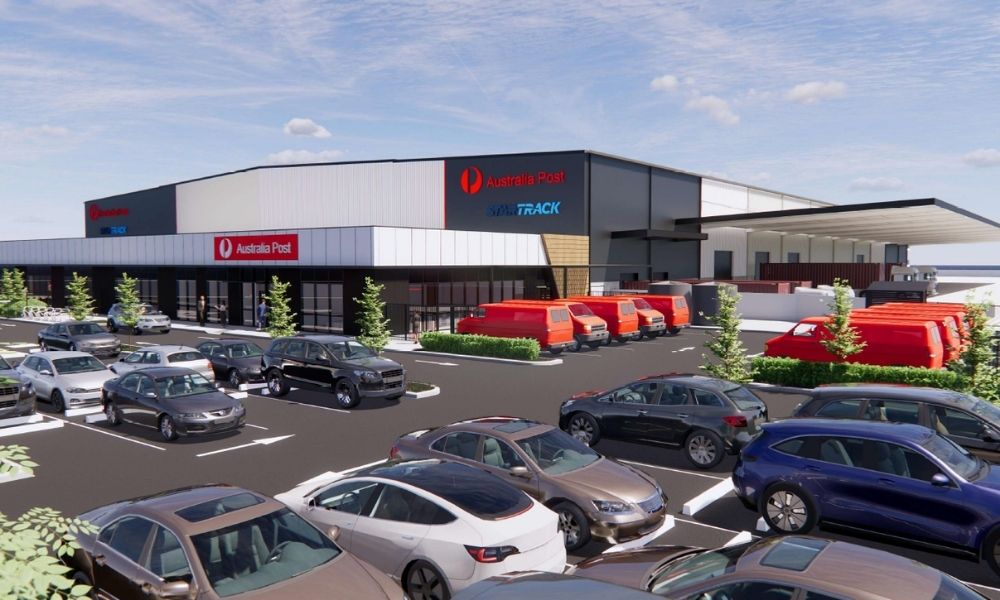 Render of the Morwell Parcel Facility. Courtesy of Australia Post. Digital visualisation of Australia Post's new facility, with a warehouse, loading bay and customer service area visible in the render.