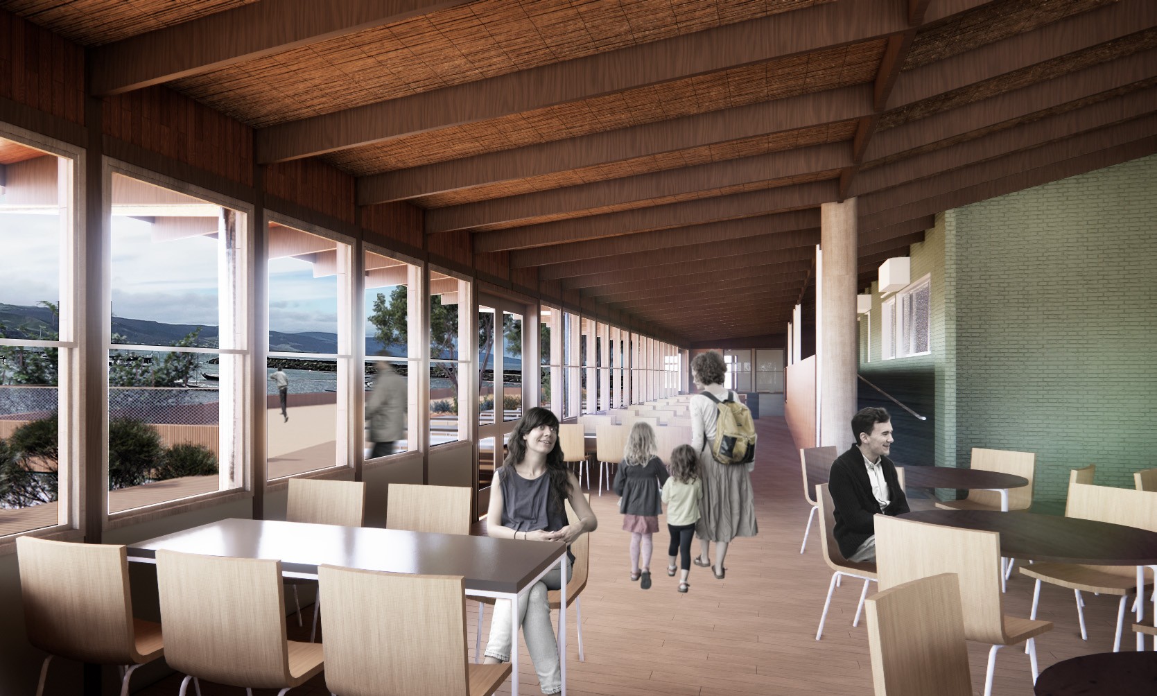 A rendered image showing inside a cafe with people seated