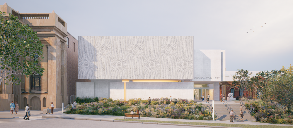 A render of the new design for the facade of Bendigo Art Gallery featuring an artwork showing a weaving pattern
