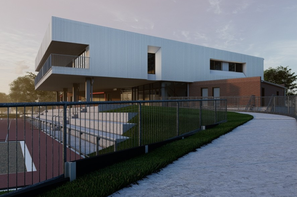 A render of a new pavilion behind a fence beside a track and field