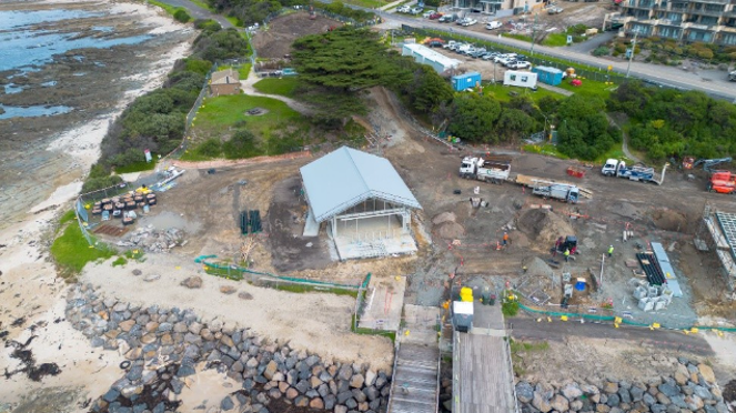 An overhead view of construction of two new buildings at Point Grey