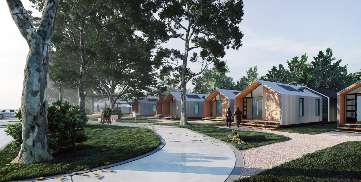 3D render of modular houses manfactured by FormFlow located in a regional setting with eucalyptus trees overhead 