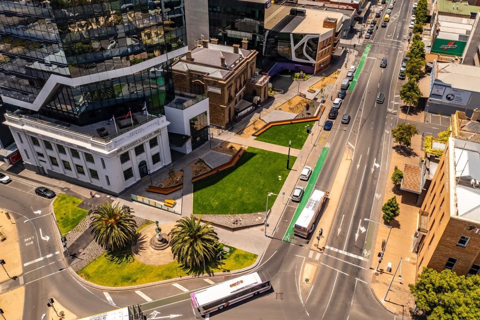 aerial view of building and roadway