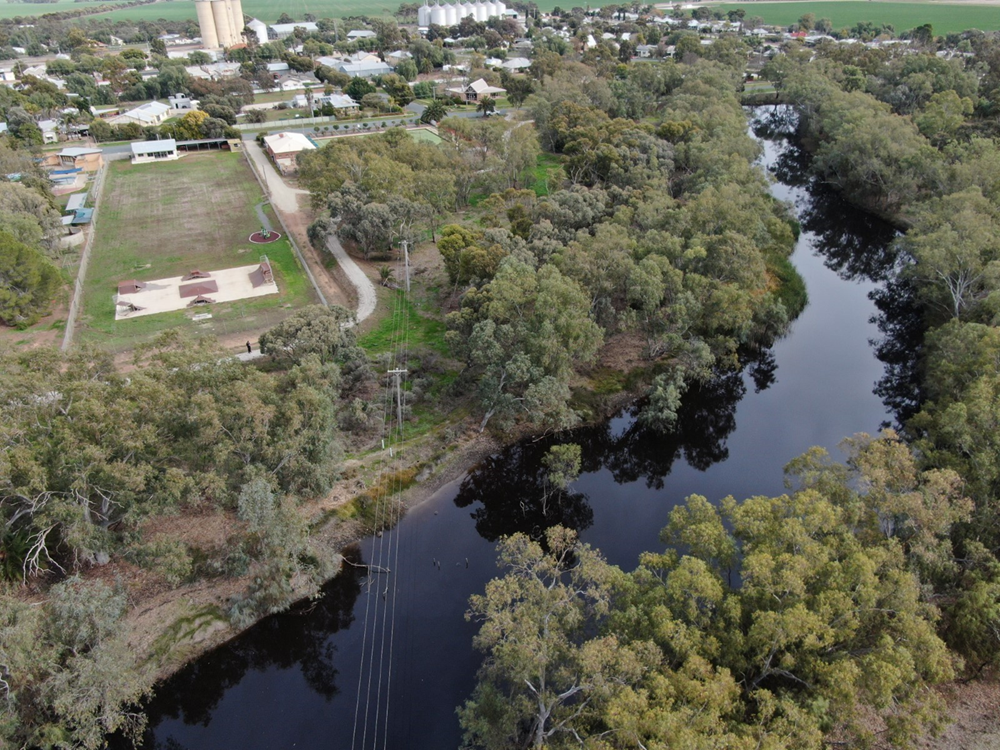 An overhead view of the Avoca River at Quambatook