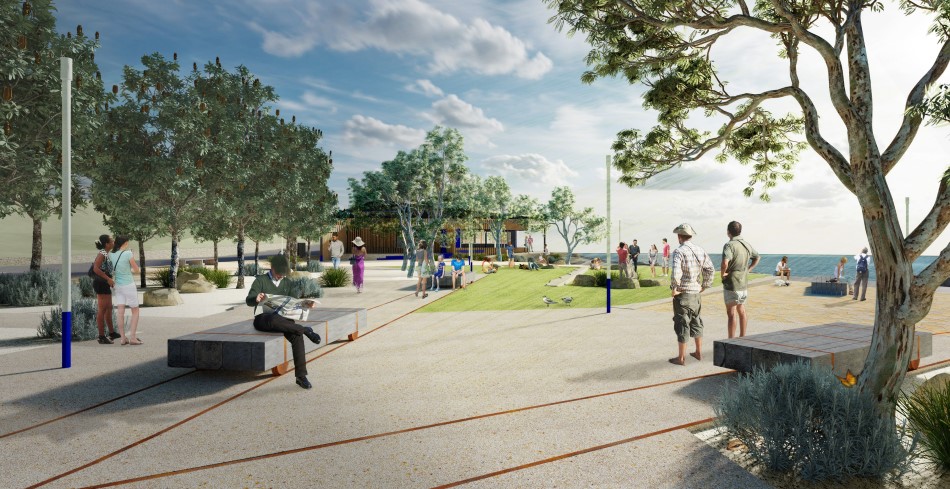 Artist impression of a community space near the water with people sitting on concrete benches, walking and enjoying the concrete pathways