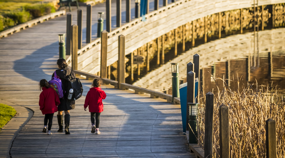 A mother walks with her 2 children along a boardwalk that surrounds a river or wetland in regional victoria